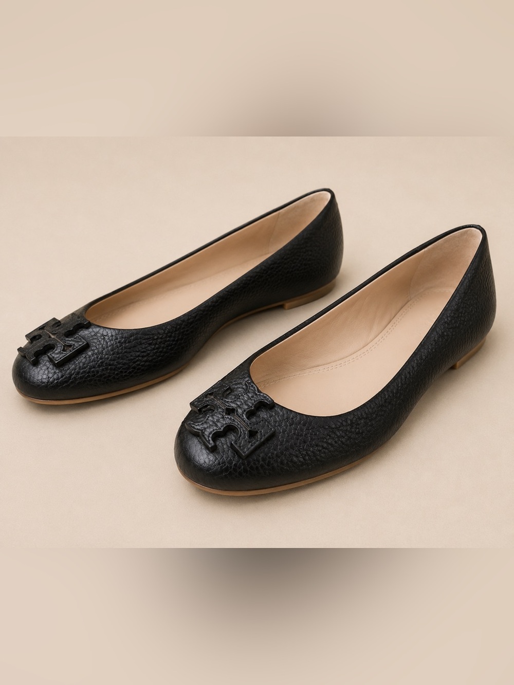 Tory Burch Black Leather Ballet Flats Size 6.5M Pebbled Logo Slip On Shoes